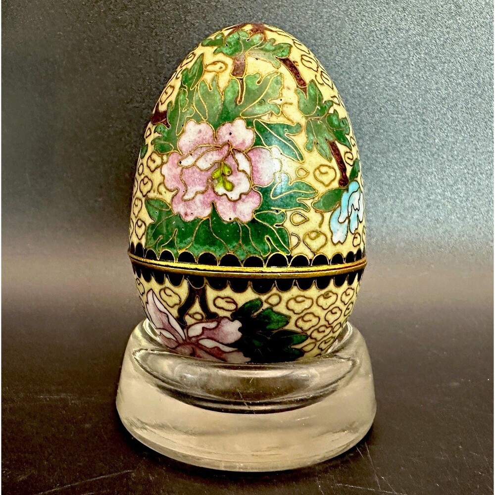 Vintage Cloisonne Floral Enamel Egg Lidded Trinket Jewelry Keepsake Box w/ Stand